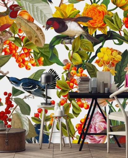 kleurrijke bloemen en vogels behang kleurrijke bloemen en vogels behang
