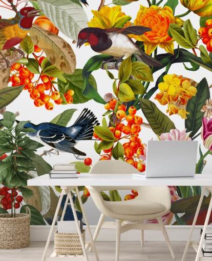 kleurrijke bloemen en vogels behang