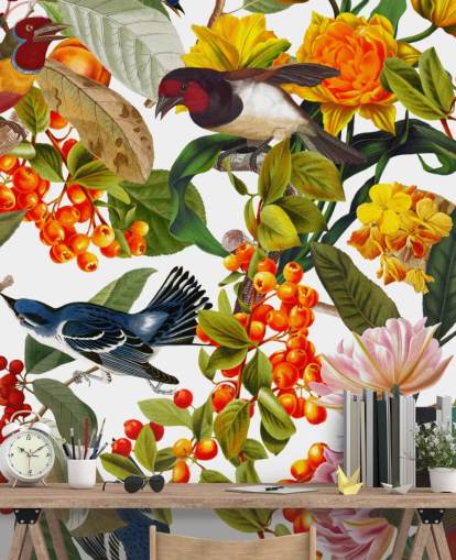 carta da parati con fiori e uccelli colorati