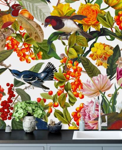 papel pintado de flores y pájaros de colores