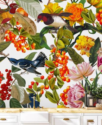 kleurrijke bloemen en vogels behang
