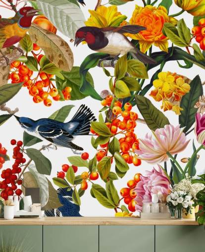 bunte Blumen und Vögel Wallpaper bunte Blumen und Vögel Wallpaper