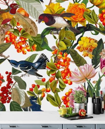 färgglada blommor och fåglar tapeter