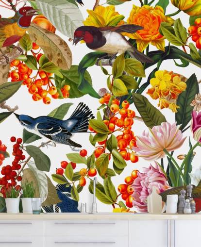 bunte Blumen und Vögel Wallpaper