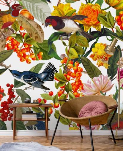 papier peint fleurs et oiseaux colorés