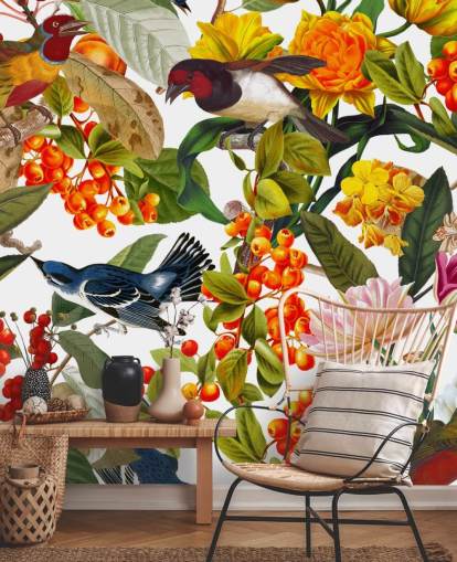 carta da parati con fiori e uccelli colorati