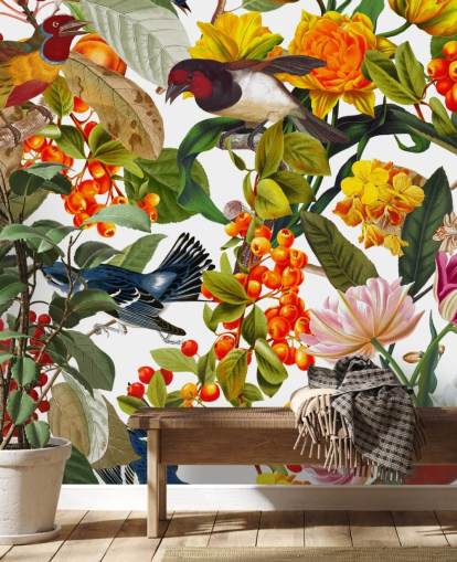 papel pintado de flores y pájaros de colores