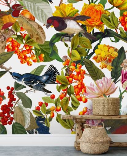 papel de parede colorido de flores e pássaros