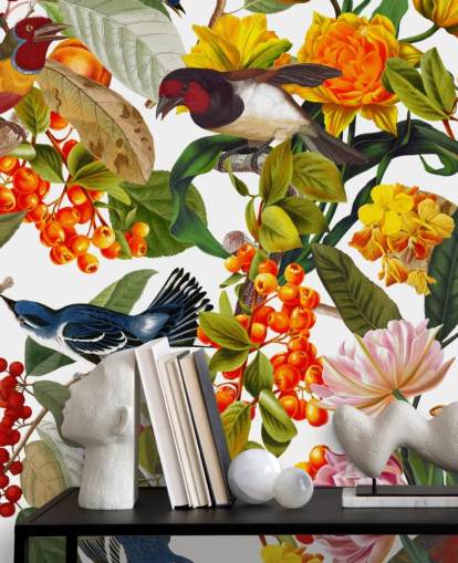 papel de parede colorido de flores e pássaros