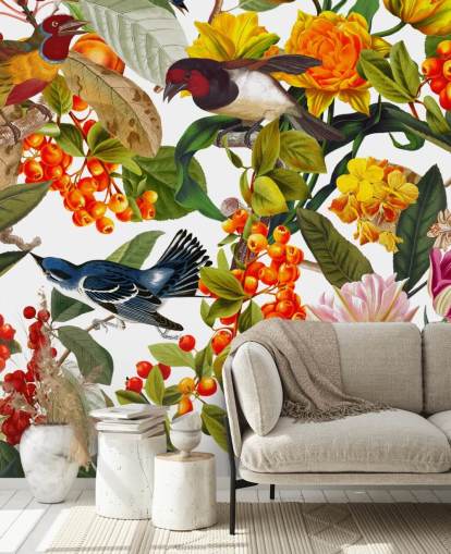 kleurrijke bloemen en vogels behang