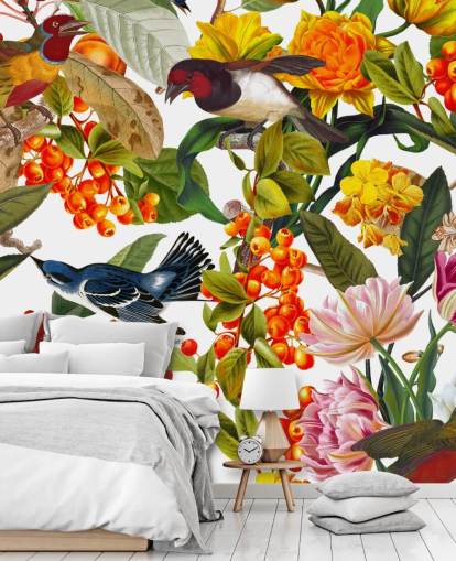 bunte Blumen und Vögel Wallpaper