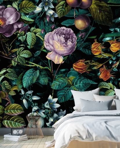 carta da parati floreale scuro con rose viola