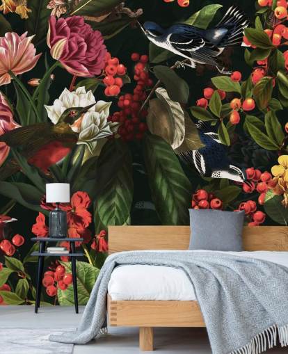 papel pintado de flores y pájaros oscuros papel pintado de flores y pájaros oscuros