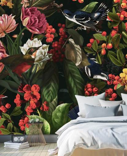 papel pintado de flores y pájaros oscuros