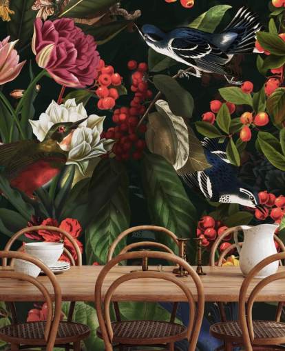 papel pintado de flores y pájaros oscuros