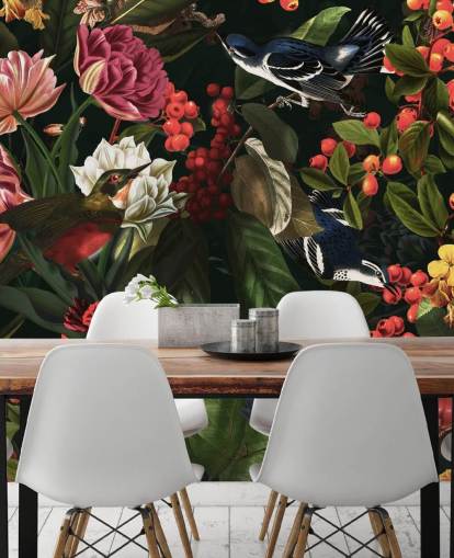 dark floral and birds wallpaper