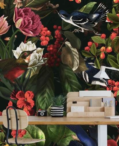papel pintado de flores y pájaros oscuros