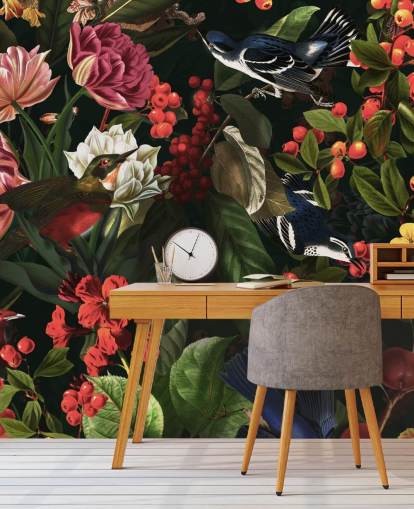 mørke blomster og fugle tapet