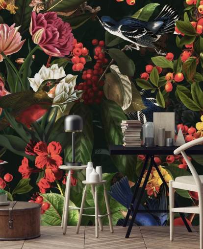 dark floral and birds wallpaper