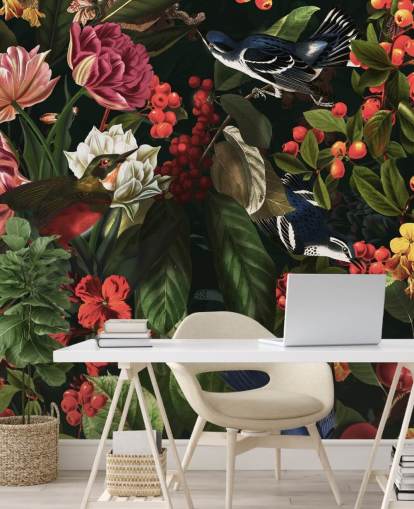 papel pintado de flores y pájaros oscuros