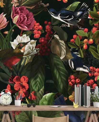 dark floral and birds wallpaper