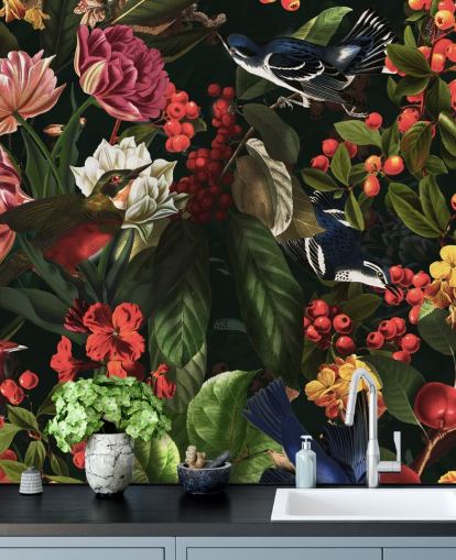 dunkle Blumen- und Vogel-Tapete dunkle Blumen- und Vogel-Tapete