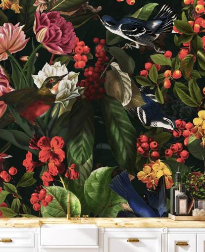 donkere bloemen- en vogelbehang