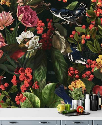 carta da parati con fiori scuri e uccelli