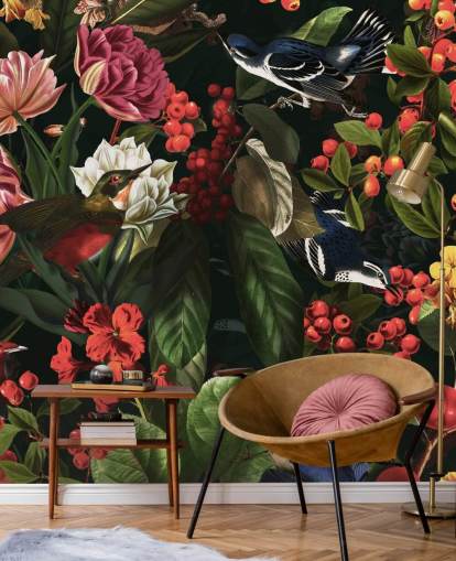 papel de parede floral escuro e pássaros
