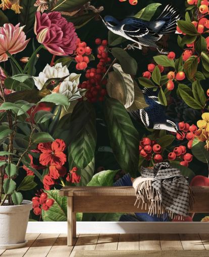 dark floral and birds wallpaper
