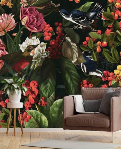 dark floral and birds wallpaper