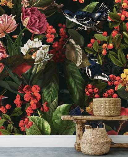 papier peint à fleurs et oiseaux