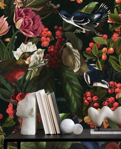 dark floral and birds wallpaper
