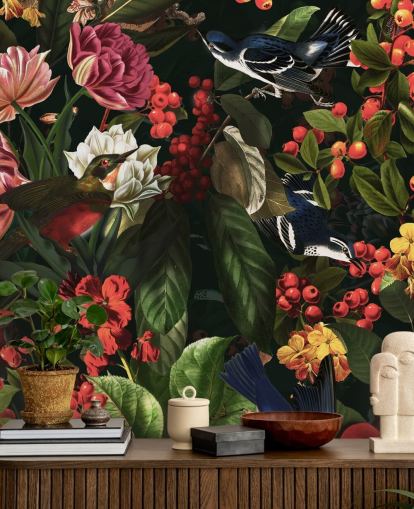 papel pintado de flores y pájaros oscuros