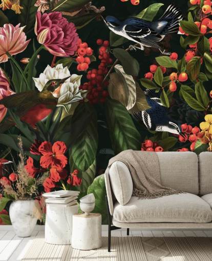 dark floral and birds wallpaper