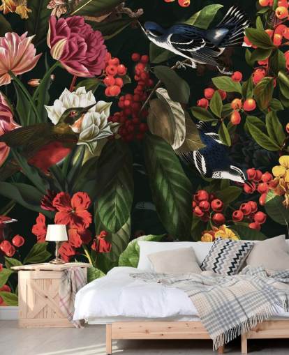 papel de parede floral escuro e pássaros papel de parede floral escuro e pássaros