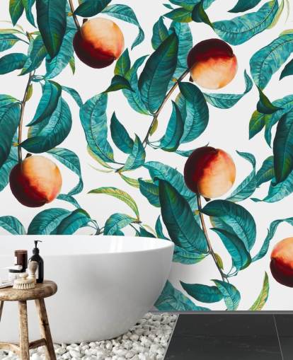 papier peint pêches et feuilles