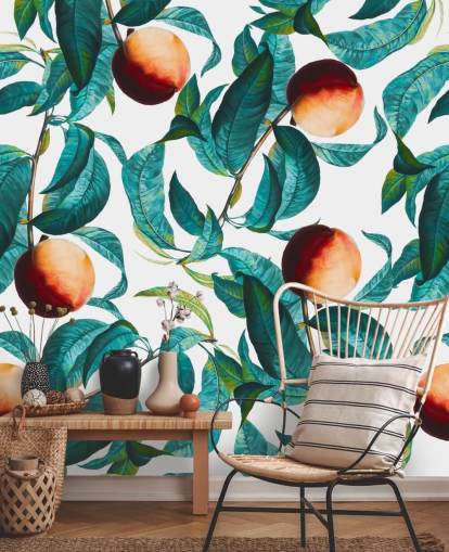Papel pintado de melocotones y hojas
