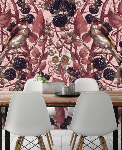 papier peint baies noires et feuilles violettes