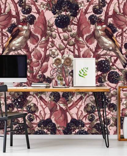 papel de parede de bagas pretas e folhas roxas