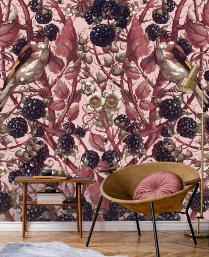 papier peint baies noires et feuilles violettes