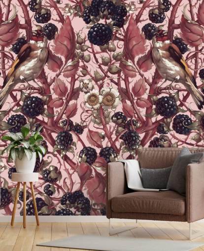 papier peint baies noires et feuilles violettes