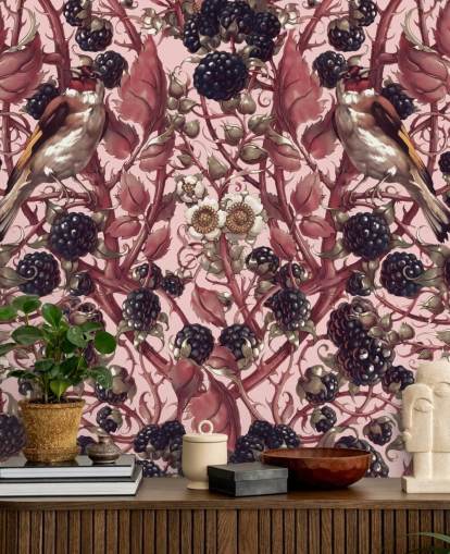 papier peint baies noires et feuilles violettes