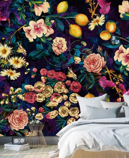 dark fruit and floral wallpaper