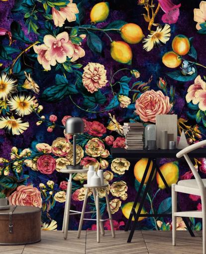 papier peint à fleurs et fruits noirs papier peint à fleurs et fruits noirs