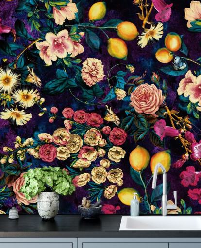 dark fruit and floral wallpaper