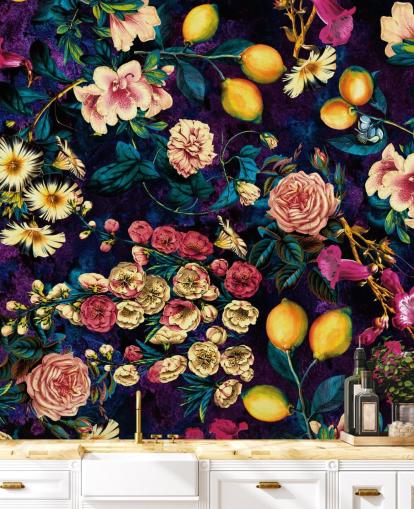 dark fruit and floral wallpaper