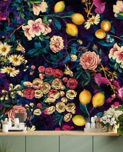 papel pintado de frutas oscuras y flores