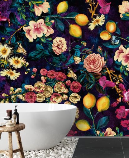 papier peint à fleurs et fruits noirs papier peint à fleurs et fruits noirs