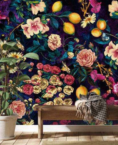 dark fruit and floral wallpaper